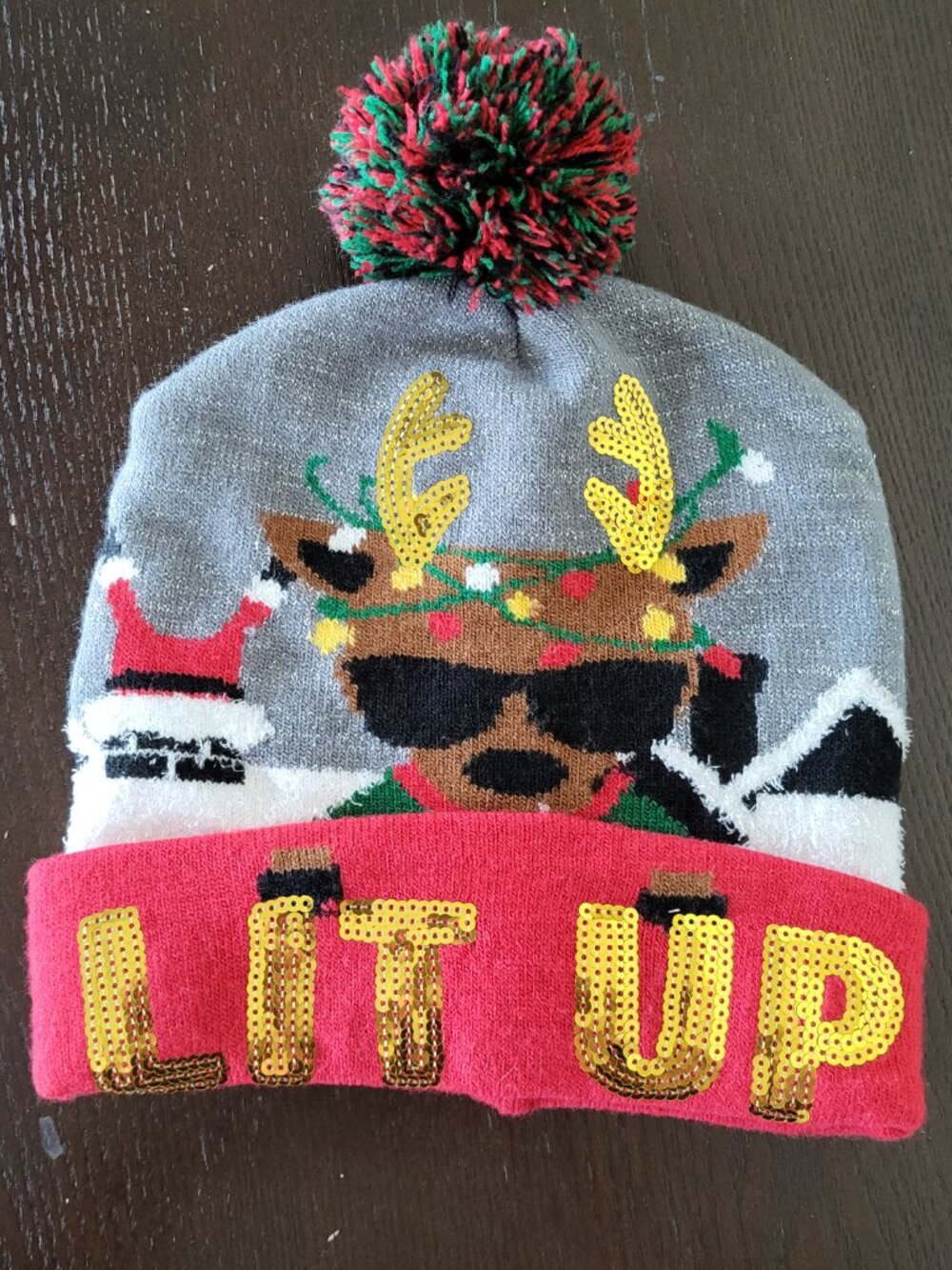 Lit Up Sequin Reindeer Beanie Hat Pom Pom